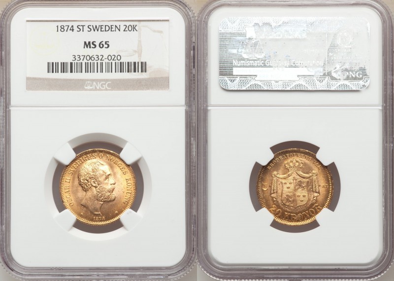 Oscar II gold 20 Kronor 1874-ST MS65 NGC, KM733. AGW 0.2593 oz. 

HID098012420...