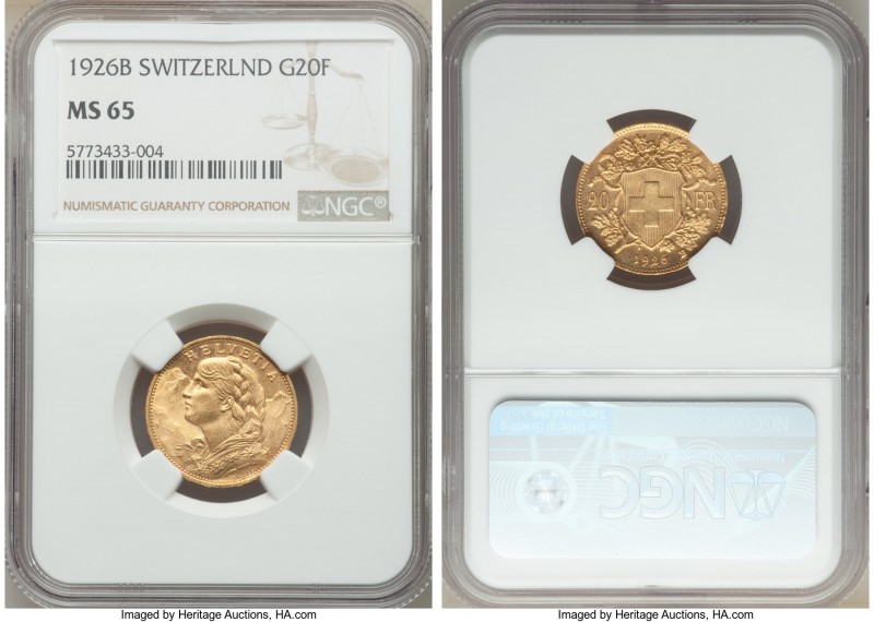 Confederation gold 20 Francs 1926-B MS65 NGC, Bern mint, KM35.1. AGW 0.1867 oz. ...