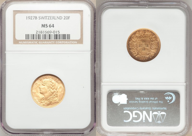 Confederation gold 20 Francs 1927-B MS64 NGC, Bern mint, KM35.1. AGW 0.1867 oz. ...