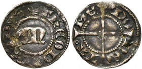 FRANCE, METZ, Evêché, Thierry V de Boppard (1365-1384), AR angevine (quart de denier). D/ + THEODOR'' EPS'' Lettre M onciale. R/ Croix longue coupant ...