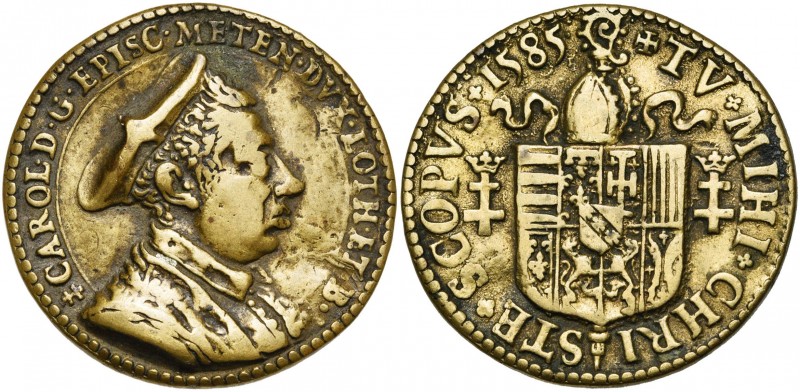 FRANCE, AE médaille, 1585, non signée. Charles II de Lorraine, évêque de Metz (1...