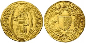 FRANCE, METZ, Ville, AV florin d''or au saint Etienne, à partir de 1415. 3e type. D/ S STEPHANVS- PROTIHOMAR'' Saint Etienne deb. à g. dans une mandor...