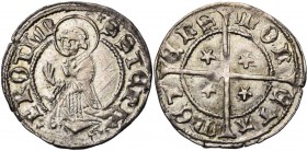 FRANCE, METZ, Ville, AR bugne (tiers de gros), à partir de 1394. D/ Saint Etienne agenouillé à g. R/ MON-ETA- MET-ENS (les M onciaux) Croix longue cou...