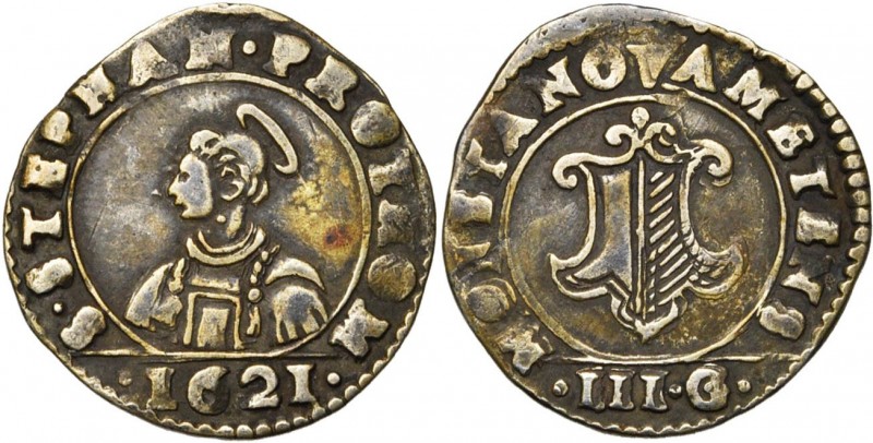 FRANCE, METZ, Ville, AR quart de franc (3 gros), 1621. D/ B. nimbé de saint Etie...