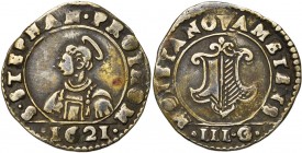 FRANCE, METZ, Ville, AR quart de franc (3 gros), 1621. D/ B. nimbé de saint Etienne à g. La date à l''exergue. R/ Ecu de la ville dans un cartouche éc...