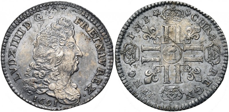 FRANCE, Royaume, Louis XIV (1643-1715), AR quart d''écu aux huit L, 1691M couron...