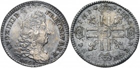 FRANCE, Royaume, Louis XIV (1643-1715), AR quart d''écu aux huit L, 1691M couronné, Metz. 1er type. 1e réformation. D/ B. dr. à d. R/ Croix formée de ...