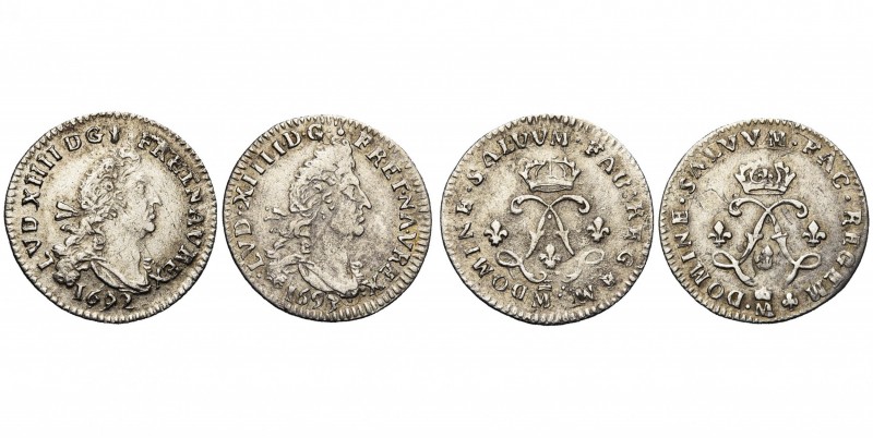 FRANCE, Royaume, Louis XIV (1643-1715), AR lot de 2 p. de 4 sols, Metz (M couron...