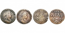 FRANCE, Royaume, Louis XIV (1643-1715), lot de 2 liards de France, Metz, 1693M couronné et 1694AA. Dupl. 1589.
Proviennent de la collection Teitgen, ...