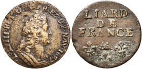 FRANCE, Royaume, Louis XIV (1643-1715), Cu liard de France au buste âgé, 1697AA, Metz. D/ B. cuir. à d. R/ Inscription en trois lignes, au-dessus de l...