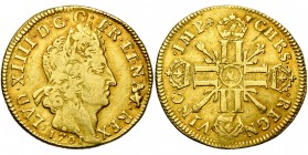 FRANCE, Royaume, Louis XIV (1643-1715), AV double louis d''or aux huit L et aux insignes, 1701AA, Metz. 3e réformation. D/ T. laurée à d., les cheveux...