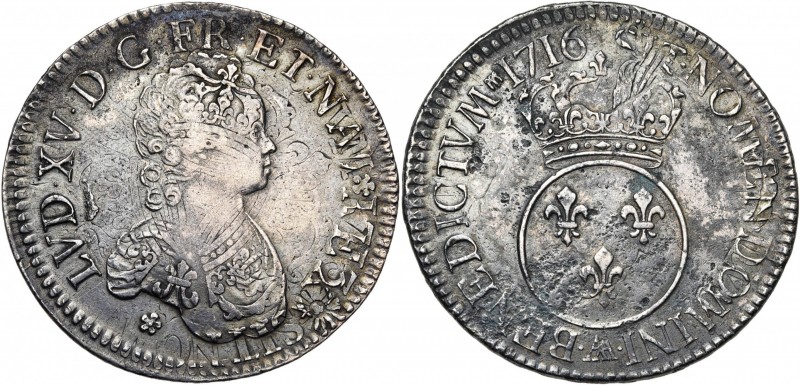 FRANCE, Royaume, Louis XV (1715-1774), AR écu Vertugadin, 1716AA, Metz. Réformat...