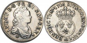 FRANCE, Royaume, Louis XV (1715-1774), AR demi-écu Vertugadin, 1716AA, Metz. Réformation. D/ B. enfantin à d., dr. et cuir. R/ Ecu de France rond, cou...
