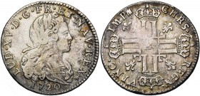 FRANCE, Royaume, Louis XV (1715-1774), AR petit louis d''argent (tiers d''écu), 1720AA, Metz. D/ B. dr. et cuir. à d. R/ Croix formée de huit L couron...