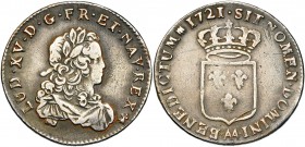 FRANCE, Royaume, Louis XV (1715-1774), AR tiers d''écu de France, 1721AA, Metz. Flan neuf. D/ B. enfantin à d., l., dr. et cuir. R/ Ecu de France cour...