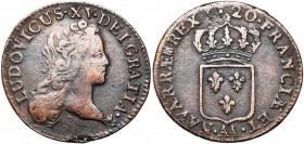FRANCE, Royaume, Louis XV (1715-1774), Cu demi-sol au buste enfantin, 1720AA, Metz. D/ B. nu à d. R/ Ecu de France couronné. Dupl. 1693; Gad. 273; L4L...