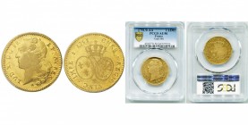FRANCE, Royaume, Louis XV (1715-1774), AV double louis d''or au bandeau, 1751AA (sur 1750), Metz. D/ T. à g., ceinte d''un bandeau. R/ Ecus ovales de ...