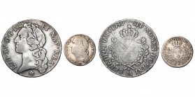 FRANCE, Royaume, Louis XV (1715-1774), lot de 2 p.: écu au bandeau, 1742AA (sur 1740, griffes au revers); dixième d''écu, 1747AA, Metz. Dupl. 1680, 16...