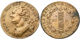 FRANCE, Constitution (1791-1792), 12 deniers, 1791AA, an 3, Metz. Type FRANCOIS. 2e semestre. D/ B. dr. à g. R/ Faisceau dans une couronne de chêne. D...