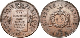 FRANCE, Convention (1792-1795), sol aux balances, 1793AA, an 2, Metz. D/ Table de la Loi entre une grappe et des épis. R/ Valeur dans une couronne et ...
