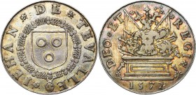 FRANCE, AR jeton, 1572. Jean de Thévalle, gouverneur de Metz. D/ IEHAN DE TEVALLE Son écu entouré du collier de Saint-Michel. R/ DEO ET REGI Un trophé...