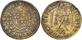 FRANCE, Laiton jeton, s.d. Roger de Commenge de Saubole, gouverneur de la citadelle de Metz (1596-1610). D/ Son écu entre deux rameaux d''olivier. R/ ...