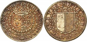 FRANCE, Laiton jeton, 1608, N. Briot (signé NB). Henri IV - Ville de Metz. D/ Les écus de France et de Navarre sous une grande couronne, entourés des ...