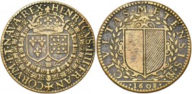 FRANCE, Laiton jeton, 1608, N. Briot (signé NB). Henri IV - Ville de Metz. D/ Les écus de France et de Navarre sous une grande couronne, entourés des ...
