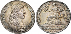 FRANCE, AR jeton, 1661. Intendance de Lorraine, de Bar et des trois évêchés. D/ B. juvénile de Louis XIV à d. R/ HA MERCEDE PLACET La Lorraine assise ...
