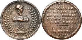 FRANCE, AE médaille, 1785. Loge maçonnique de l''école de la sagesse et du triple accord réunis à Metz. D/ Dans une couronne, t. casquée d''Athéna à d...