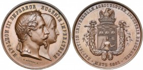 FRANCE, AE médaille, 1861, Bouvet. Exposition universelle d''agriculture, d''industrie et de beaux-arts de Metz. D/ B. de Napoléon III et d''Eugénie à...