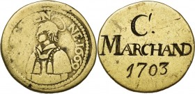 FRANCE, METZ, Laiton méreau, 1669. Saint-Etienne. D/ B. nimbé du saint à g. R/ Gravé C/ MARCHAND/ 1703. Coll. Robert 916 var. 6,19g.
Beau à Très Beau...