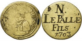 FRANCE, METZ, Laiton méreau, 1669. Saint-Etienne. D/ B. nimbé du saint à g. R/ Gravé N/ LE PALLE/ FILS/ 1703. Coll. Robert 916 var. 6,68g.
Beau/Très ...