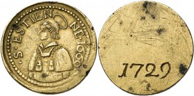 FRANCE, METZ, Laiton méreau, 1669. Saint-Etienne. D/ B. nimbé du saint à g. R/ Gravé 1729. Coll. Robert 916 var. 6,96g.
Très Beau (Very Fine)