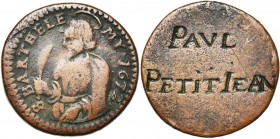 FRANCE, METZ, Cu méreau, 1672. Saint-Barthélémy. D/ B. nimbé du saint à g., ten. une palme. R/ Gravé: PAVL/ PETITJEAN. Coll. Robert 915 var. 4,30g Trè...