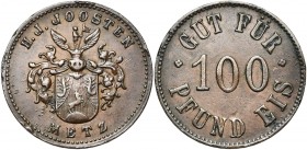 FRANCE, METZ, Monnaie conventionnelle, Cu Gut für 100 Pfund Eis, s.d. H.J. Joosten. Rare Petits coups sur la tranche.
Très Beau (Very Fine)