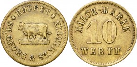 FRANCE, METZ, Monnaie conventionnelle, Laiton jeton, s.d. St. Georg & St. Martin Hofgut - Milch Marke 10 Werth. G.& E. 1.3. Rare.
Très Beau (Very Fin...