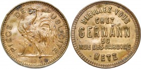 FRANCE, METZ, Monnaie conventionnelle, Laiton jeton publicitaire, s.d. Habillez-vous chez Germann 30 rue des Jardins. Rare Creux.
Très Beau (Very Fin...