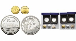 FRANCE, lot de 4 écrins: 10 euro, 20 euro, 50 euro en argent (piéfort, 163 g), 50 euro en or 2011 (8,45 g), TGV-ICE - Gare de Metz. Vendu avec un écri...