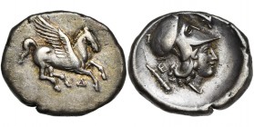 ILLYRIE, DYRRHACHION, AR statère, 350-300 av. J.-C. D/ Pégase en vol à d. Dessous, Δ. R/ T. casquée d''Athéna à d. A g., massue et E. A d., dauphin. P...