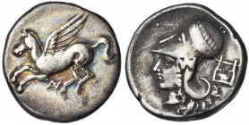 ACARNANIE, ANACTORION, AR statère, 350-300 av. J.-C. D/ Pégase en vol à g. En dessous, . R/ T. casquée d''Athéna à g., le casque orné d''une couronne...