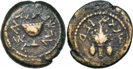 JUDEE, Première révolte contre Rome (66-70), AE bronze, 69, Jérusalem. D/ Calice. R/ Lulav (palme) entre deux ethrogs (citrons). Sur le tour, an 4. Me...