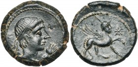 ESPAGNE, CASTULO, (Cazlona), AE as, 1er s. av. J.-C. D/ T. masc. diad. à d. Devant, une main. R/ Sphinx marchant à d. A d., étoile. A l''ex., CaSTeLe....