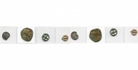 ESPAGNE, lot de 4 p.: Bolscan (Huesca), denier, T. barbue à d./Cavalier ibérique (ébréché); Unticescen (Emporia), as, T. d''Athéna Pallas/Pégase et co...
