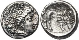 ITALIE DU NORD, AR drachme, fin 3e s. av. J.-C. Imitation des drachmes de Marseille. D/ T. de nymphe à d., la chevelure disposée en larges boucles. R/...