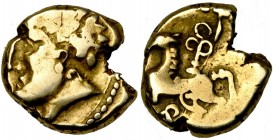 GAULE CELTIQUE, Arverni, AV statère. Type ATAVI. D/ T. à g., le menton proéminent, la chevelure formée de petites boucles en forme de lentilles. R/ Ch...