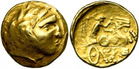 GAULE CELTIQUE, Basse vallée de la Loire, AV statère, 2e s. av. J.-C. Groupe de Tayac. Type de Challans (Vendée). D/ Profil apollinien l. à d., le nez...