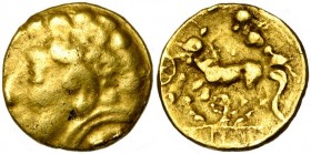 GAULE BELGIQUE, AV quart de statère, 2e s. av. J.-C. Type d''Hespérange à la rosette. Classe IIb. D/ T. à g., le nez long et la bouche marqués par des...