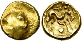 GAULE BELGIQUE, Ambiani, AV statère, vers 60 av. J.-C. Type uniface. Classe I. D/ Surface bombée lisse. Restes d''une tête. R/ Cheval à gorge fourchue...