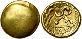GAULE BELGIQUE, Ambiani, AV statère, vers 60 av. J.-C. Type uniface. Classe III. D/ Surface bombée lisse. R/ Cheval stylisé à d. En dessous, un globul...